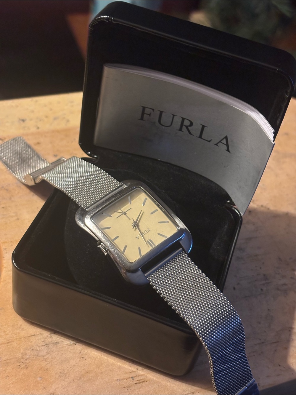 FURLA Vintage “Country Chic” 90’s Square Dial Silver Mesh Watch